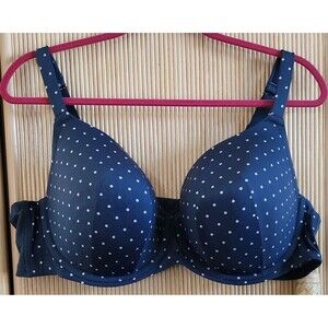 Cacique Bra 46C Sassy Navy Polka Dots Lightly Lined Full Coverage Underwire EUC